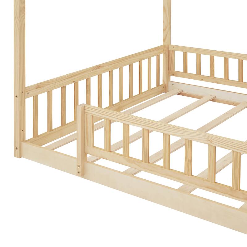 Twin/Full Wood House Bed with Fence, Playhouse Design for Kids and Teens, Easy Assembly
