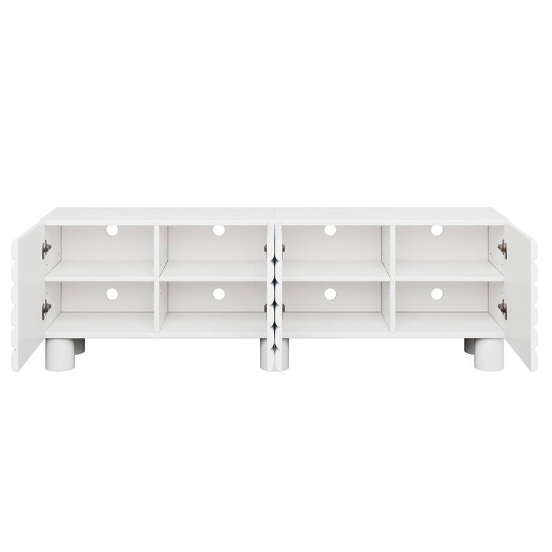 75 inch TV Stand Media Console with 4 Cabinets, Cream Wavy Door Cabinet with Cylindrical Legs & Cable Management