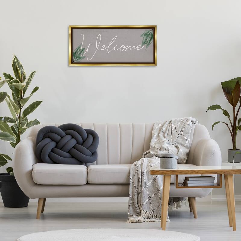 Stupell Welcome on Grey with Herbs Framed Floater Canvas Wall Art Design By Lil' Rue
