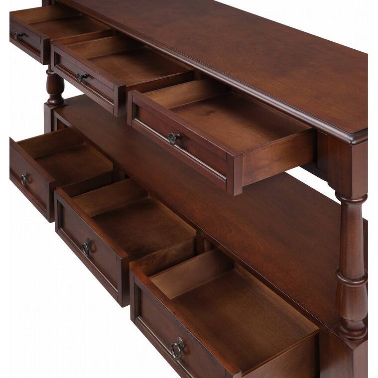 Retro 54" Solid Wood Console Table with 6 Drawers and Shelf for Vintage Living Room and Hallway Storage