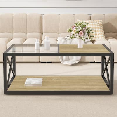 Modern Coffee Table For,Tempered Glass&Natural Wood Mdf Top,Industrial Style Coffee Table