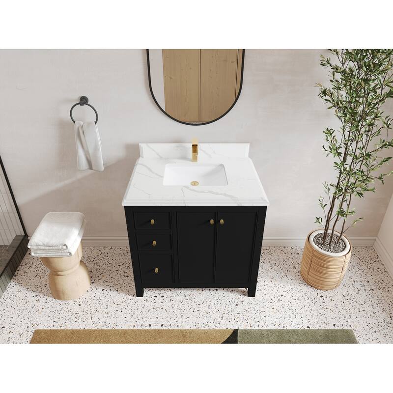 Willow Collections 36 in. W x 22 in. D Chicago Center Sink Right Bathroom Vanity with Countertop - 1.5"Calacatta - Black