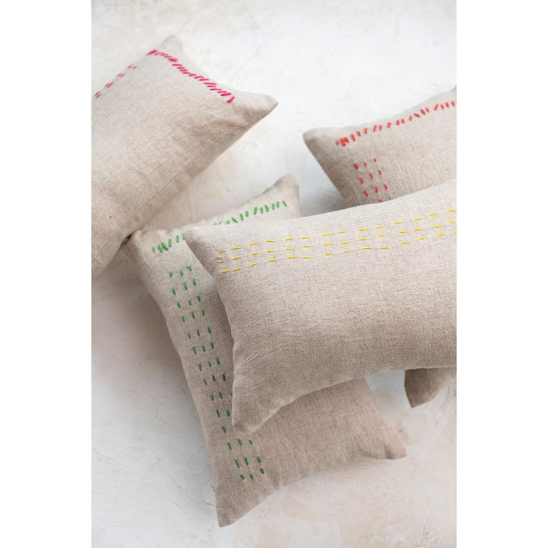 14" Linen Blend Mini Lumbar Pillow with Line Stitch Design