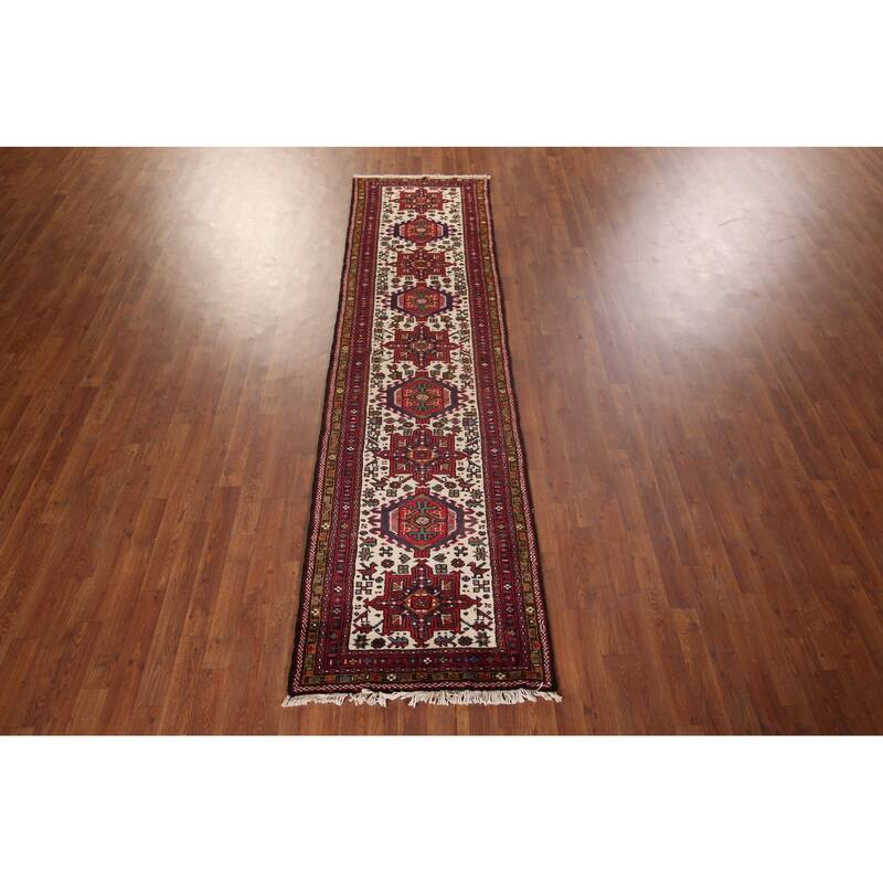 Tribal Gharajeh Persian Runner Rug Handmade Beige Wool Carpet - 2'7"x 9'7"