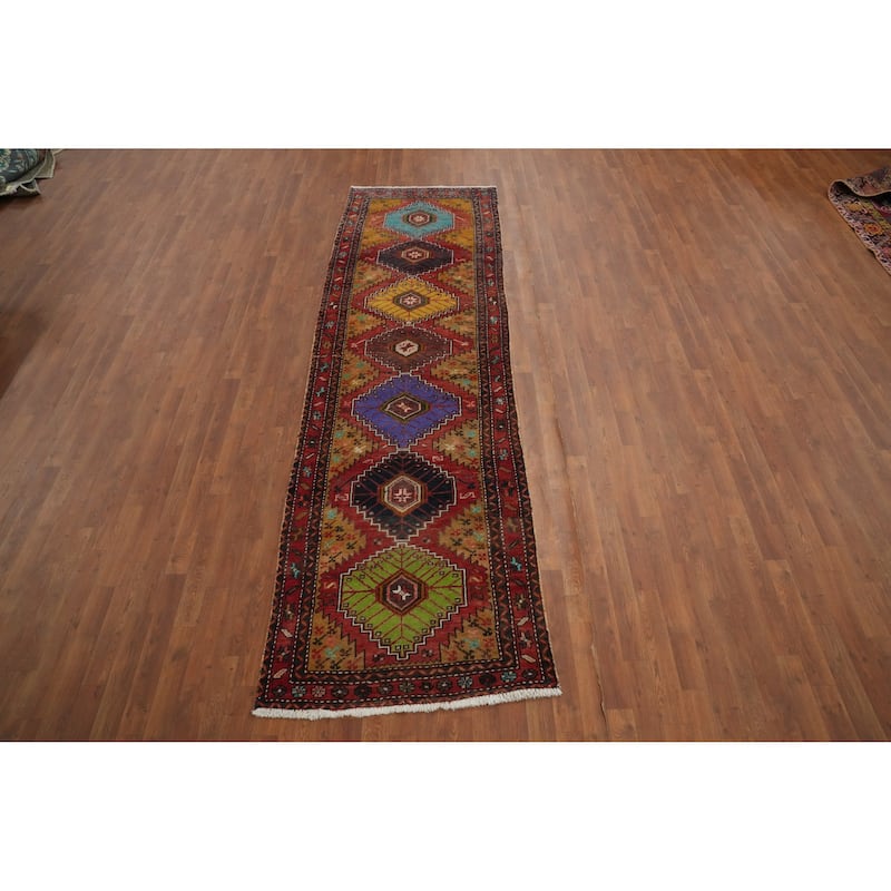 Hand Knotted Oriental 100% Wool Carpet Traditional Geometric Multi-Colored Heriz Runner Rug - 10' 6'' X 3' 2''
