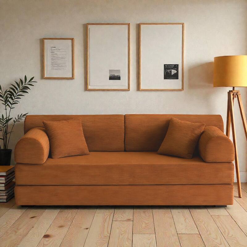 Convertible Sleeper Sofa Bed, 4-in-1 Corduroy Folding Floor Couch with Cylindrical Pillow, 2-Seat Space-Saving Lounge Sofa