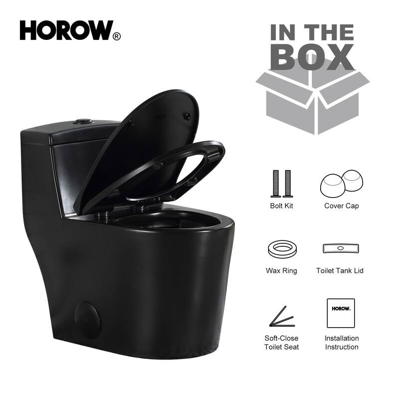 HOROW 1 Piece Dual Flush Elongated Toilet Black 0.8 1.28 GPF Seat Included - N/A