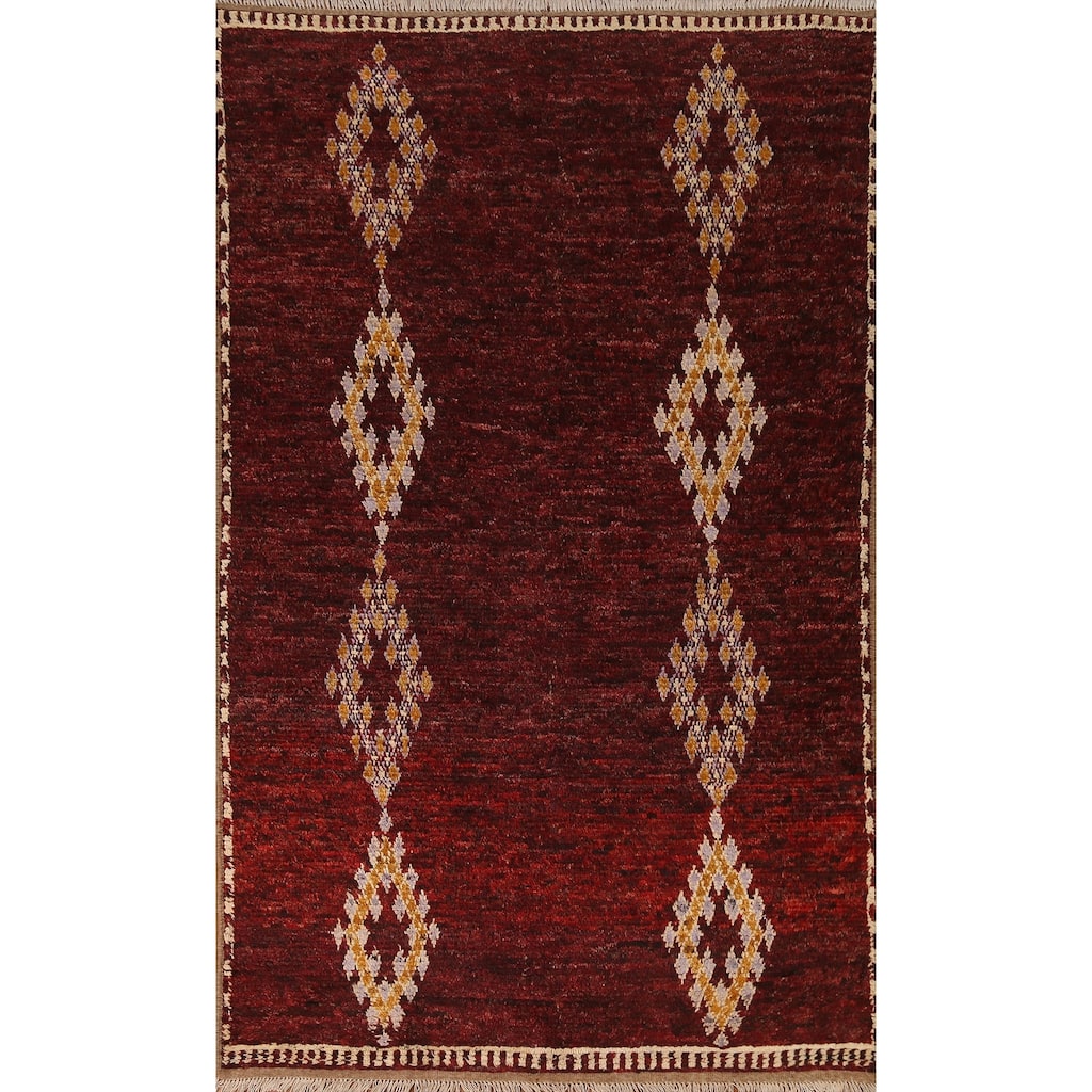 Hand Knotted Oriental 100% Wool Carpet Modern Tribal Red Moroccan Area Rug - 8' 3'' X 5' 3''