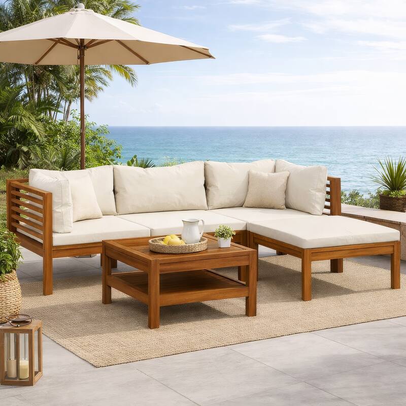 Luna 5pc Modular Outdoor L Sofa and Acacia Wood Coffee Table, Cream