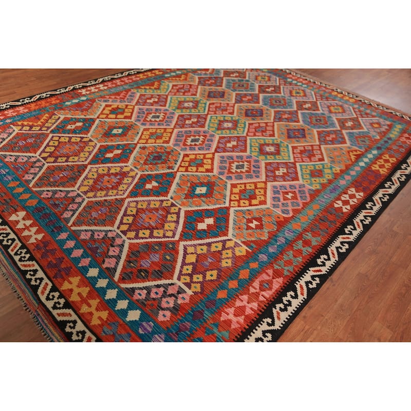 Geometric Kilim Oriental Area Rug Hand-Woven Bedroom Wool Carpet - 8'6"x 11'1"