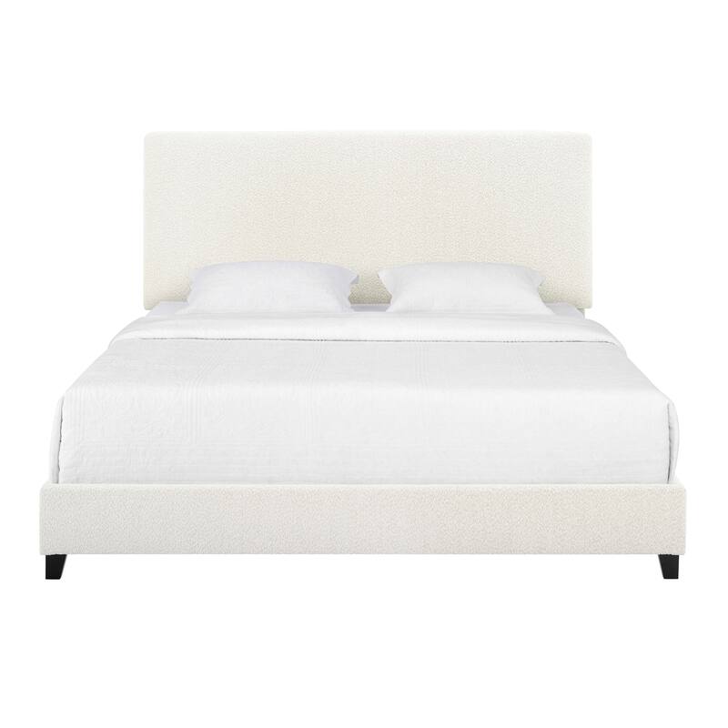 Queen Size White Boucle Upholstered Platform Bed with Padded Headboard