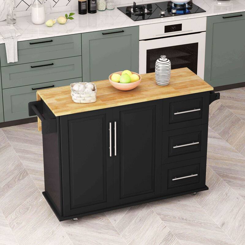White Kitchen Island Cart with Expandable Solid Wood Table Top, 2 Cabinets, 3 Drawers, Spice & Towel Rack - 43.31"
