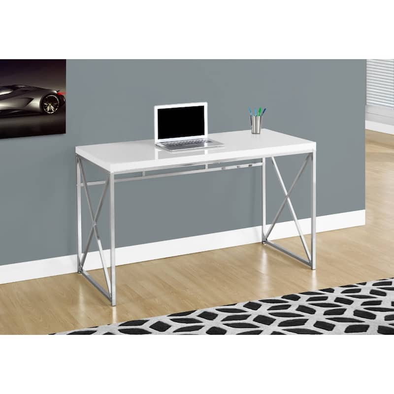 Wood Computer Desk with Silver Metal Base, Veneer Matte Finish