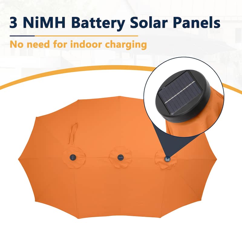 Clihome 15Ft Outdoor Solar Lights Rectangular Crank Market Umbrella, with Base
