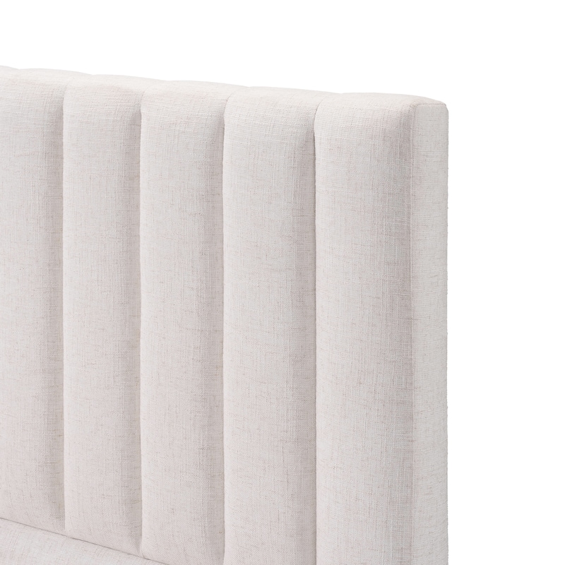 Beige Platform Bed Frame Stripe Linen Thick Upholstered Headboard Footboard, Solid Wooden Base Frame