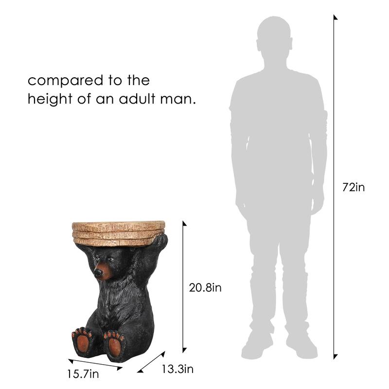 Rustic 20.8" H Black Bear Side Table Bear Statue Holding a Tree Stump Tray Adding a Touch of Woodland Charm to Your Porch, Patio