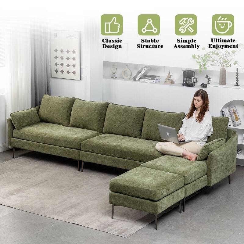 Modern Chenille Sectional Sofa with Reversible Chaise and Ottoman, Perfect for Living Rooms with Sleeper Function