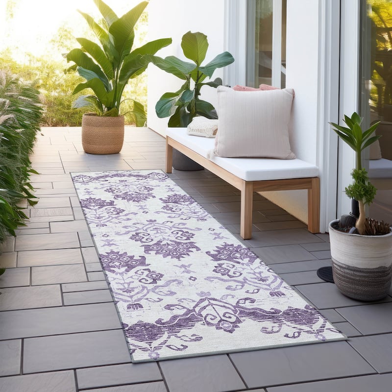 Machine Washable Indoor/ Outdoor Chantille Medallion Damask Rug - Purple - 2'3" x 7'6"
