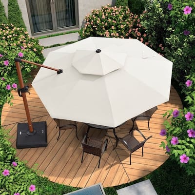 PURPLE LEAF 11ft Round Wood Pattern Patio Cantilever Umbrella with Base