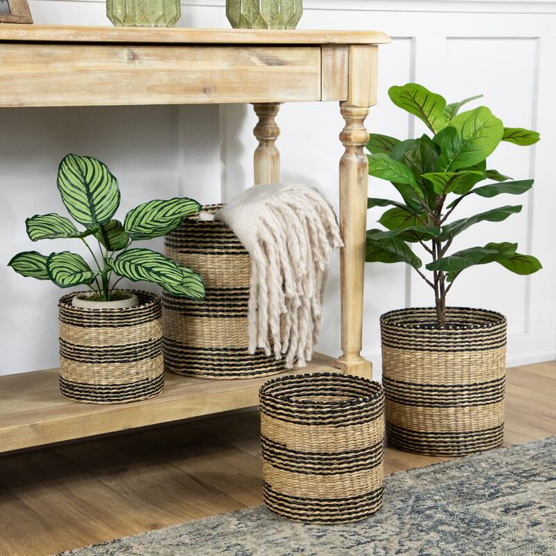 Set of 4 Beige and Black Striped Woven Round Seagrass Baskets 12" - 10.5