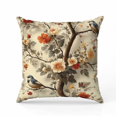 Two Birds n Flowers Faux Suede Reversible Throw Pillow Beige and Red