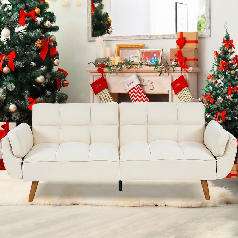 Futon Sofa Bed, Convertible Folding Futon Couch Recliner Lounge For Living Room With 2 Pillow/Armrest - Beige