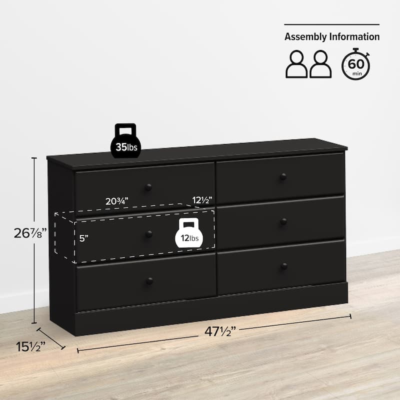 Prepac Astrid 6 Drawer Double Dresser for Bedroom, Wide Chest of Drawers, Bedroom Furniture,Traditional Furniture