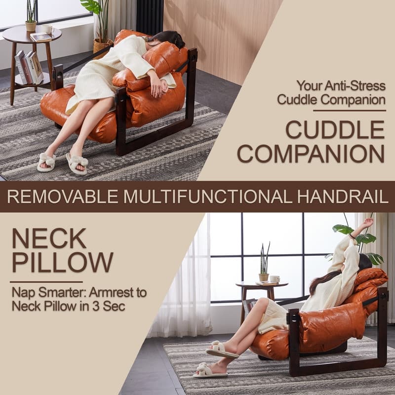 Vintage Orange Medieval Modern Lounge Chair - Removable Armrests, Waxed Leather & Rubberwood Frame