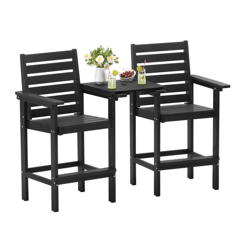 LUE BONA Patio 3-Piece Bar Set HDPS Square Table and Outdoor Bistro Armchairs with Connecting Board Patio Seating