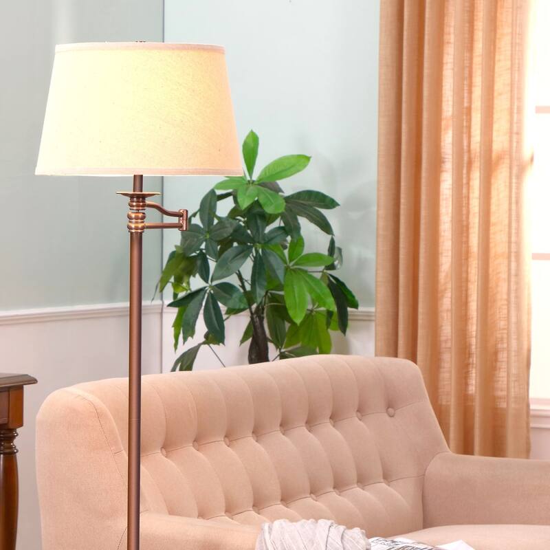 Brightech Caden 62 in. Oil Brushed Bronze Mid-Century Modern Extendable LED Floor Lamp with Beige Fabric Drum Shade