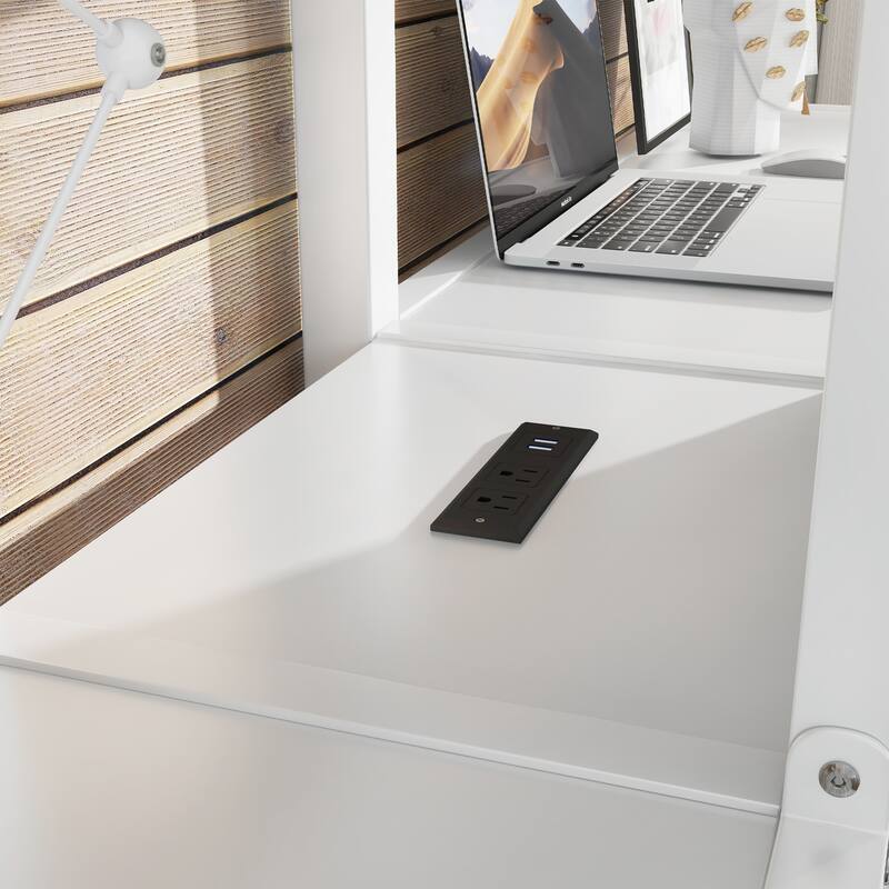 Roomfitters Twin Corner Loft Beds with Double Desk and Wardrobe, Metal Frame with Power Outlets