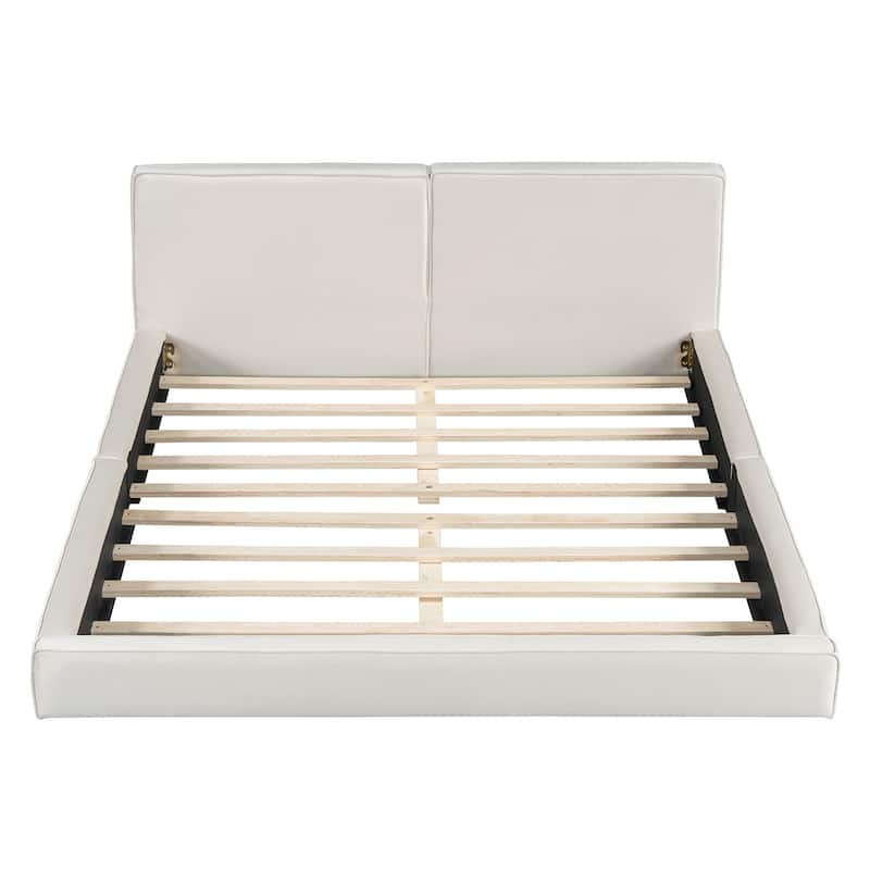 Beige Queen Size Upholstered Platform Bed with Velvet Fabric and Solid Frame