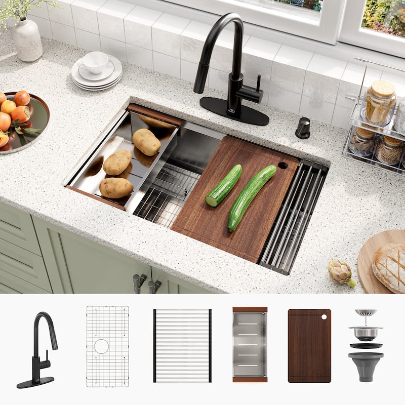 Nano Brushed Stainless Steel Undermount Workstation Kitchen Sink with Touchless Pull-Down Kitchen Faucet and Accessories