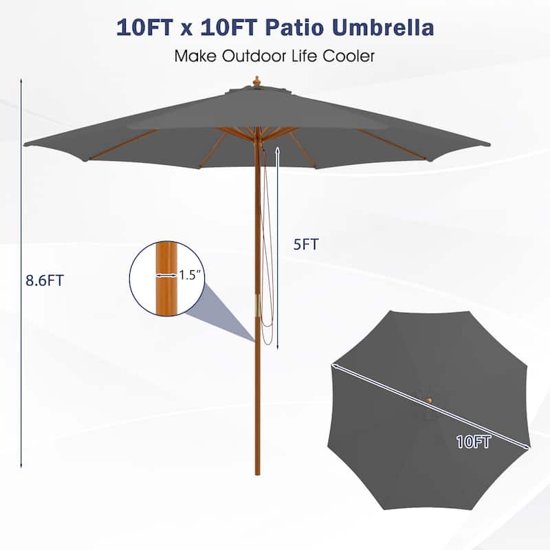 Gymax 10FT Wooden Market Table Umbrella Pulley Sunshade Canopy w/8