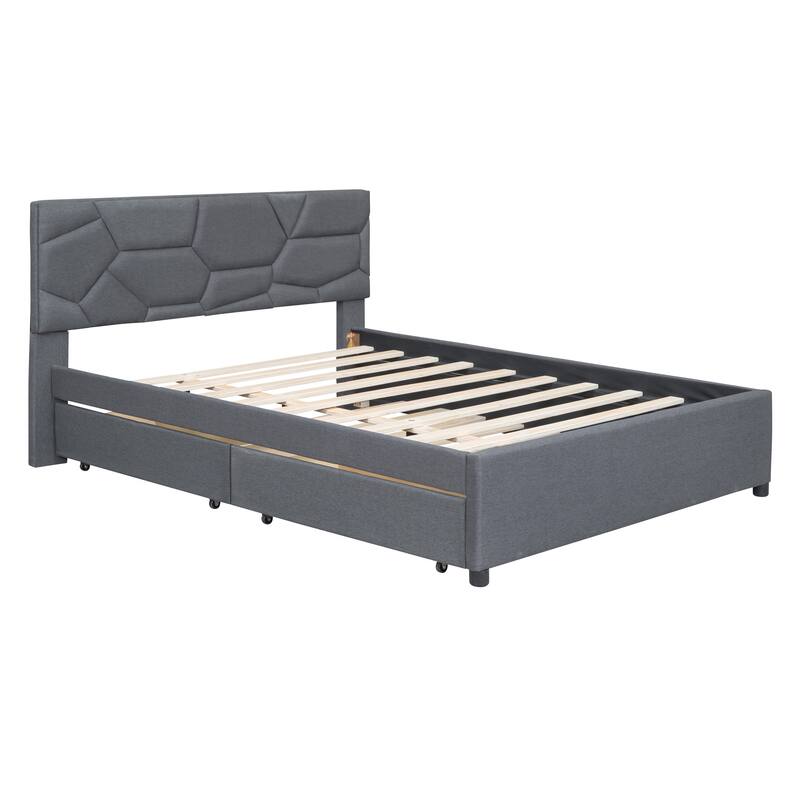 Grey Linen Fabric Queen Size Upholstered Platform Bed with Brick Pattern Headboard, Twin Size Trundle, and 2 Drawers