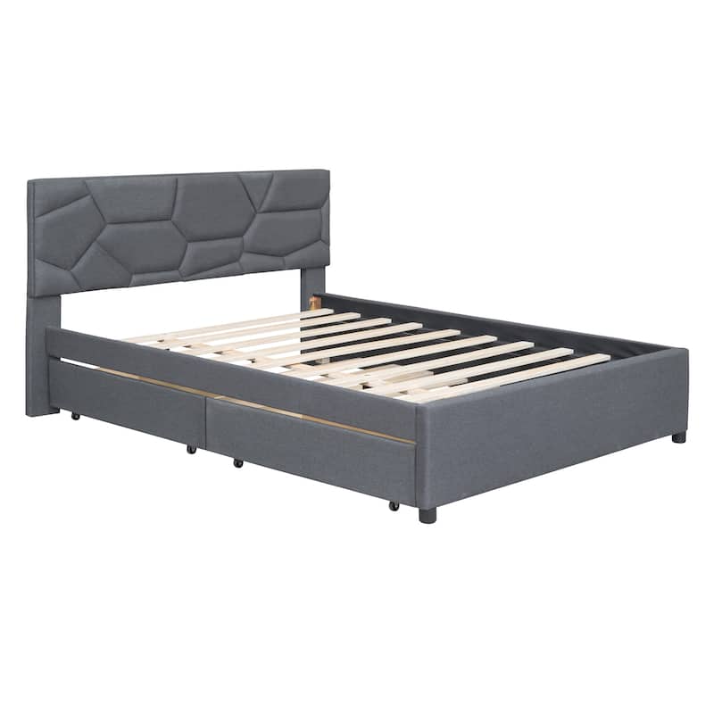 Linen Fabric Platform Bed with Trundle and 2 Drawers