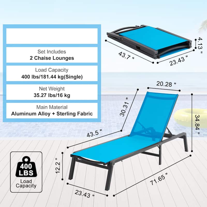 5-Position Adjustable and Foldable Chaise Lounge Chair with Aluminum Frame Perfect for Outdoor Use - 71.65" x 23.43" x 34.84"
