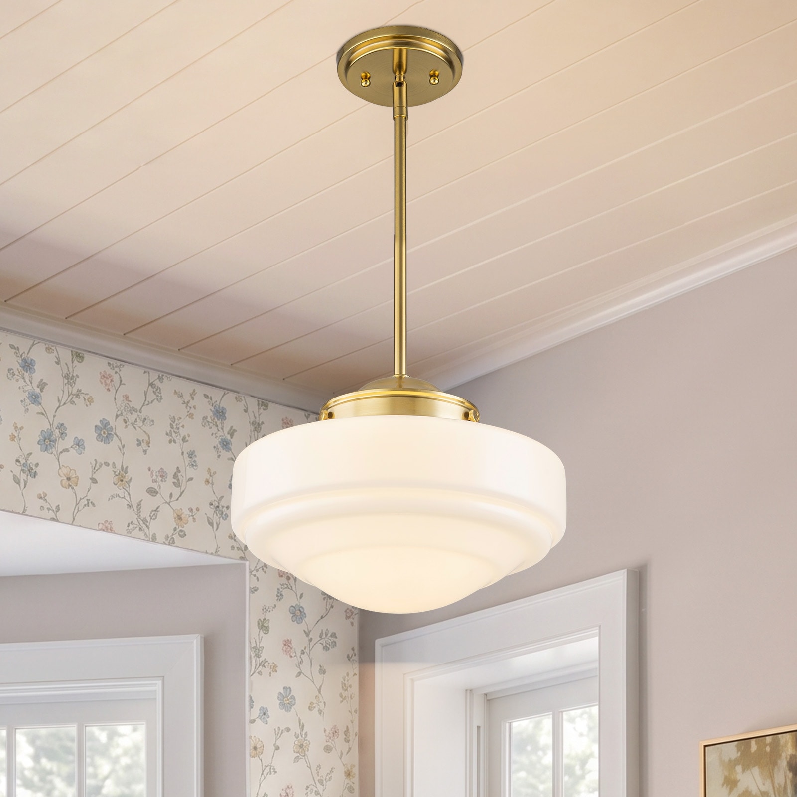 Mid-Century Modern 1-Light Brass Dome Pendant Light with with Opal Glass Shade for Living/Dining Room - 12" W × 12" D × 8.8" H