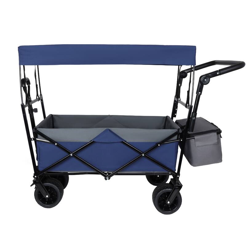 With Push Handle, 480Lbs Collapsible Wagon with Canopy, Wagon cart with 7" All-Terrain Wheels, Large Capacity, Shopping, Sports - Blue