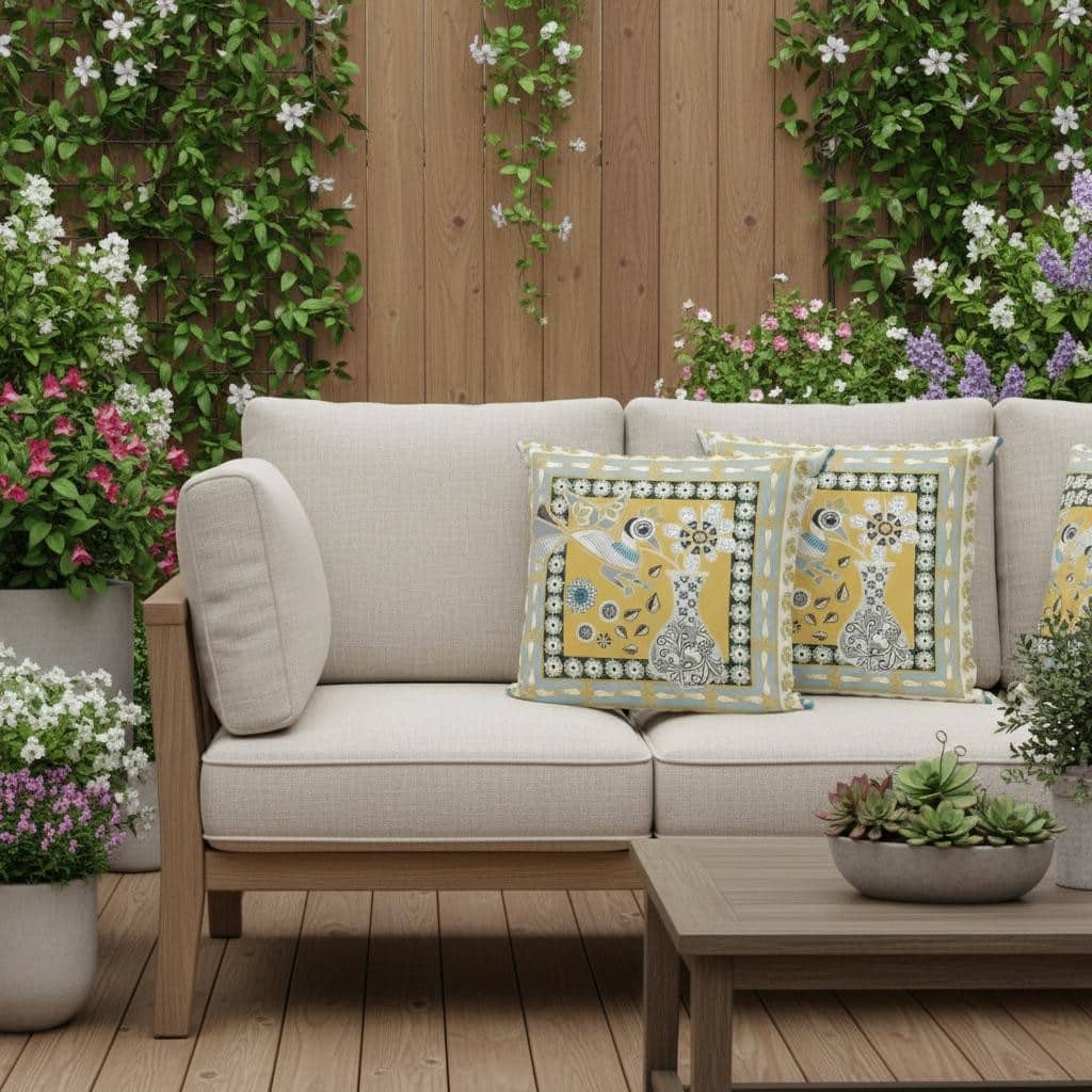 HomeRoots Set of Three 16" X 16" Beige and White Peacock Blown Seam Floral Indoor Outdoor Throw Pillow