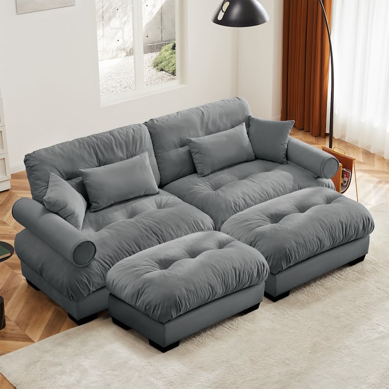 Loveseat Sofa Set 93.7" 2-Seater Modular Velvet Couch with Ottoman, Round Arms and Throw Pillows for Living Room, Office - Grey