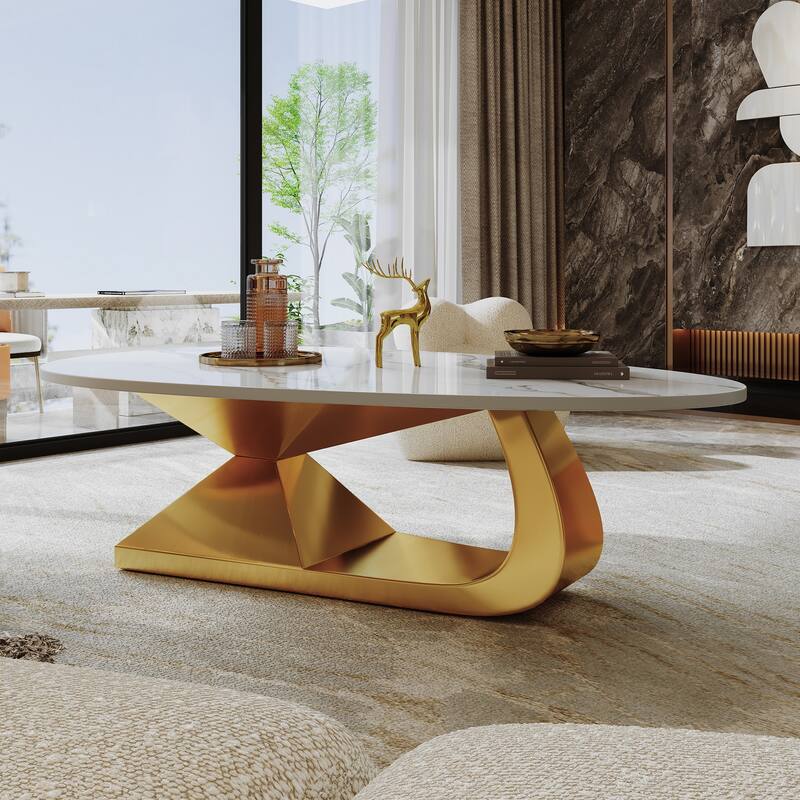 Modern Sintered Stone Tabletop Coffee Table With Stainless Steel Base - Elegant And Durable Living Room Centerpiece