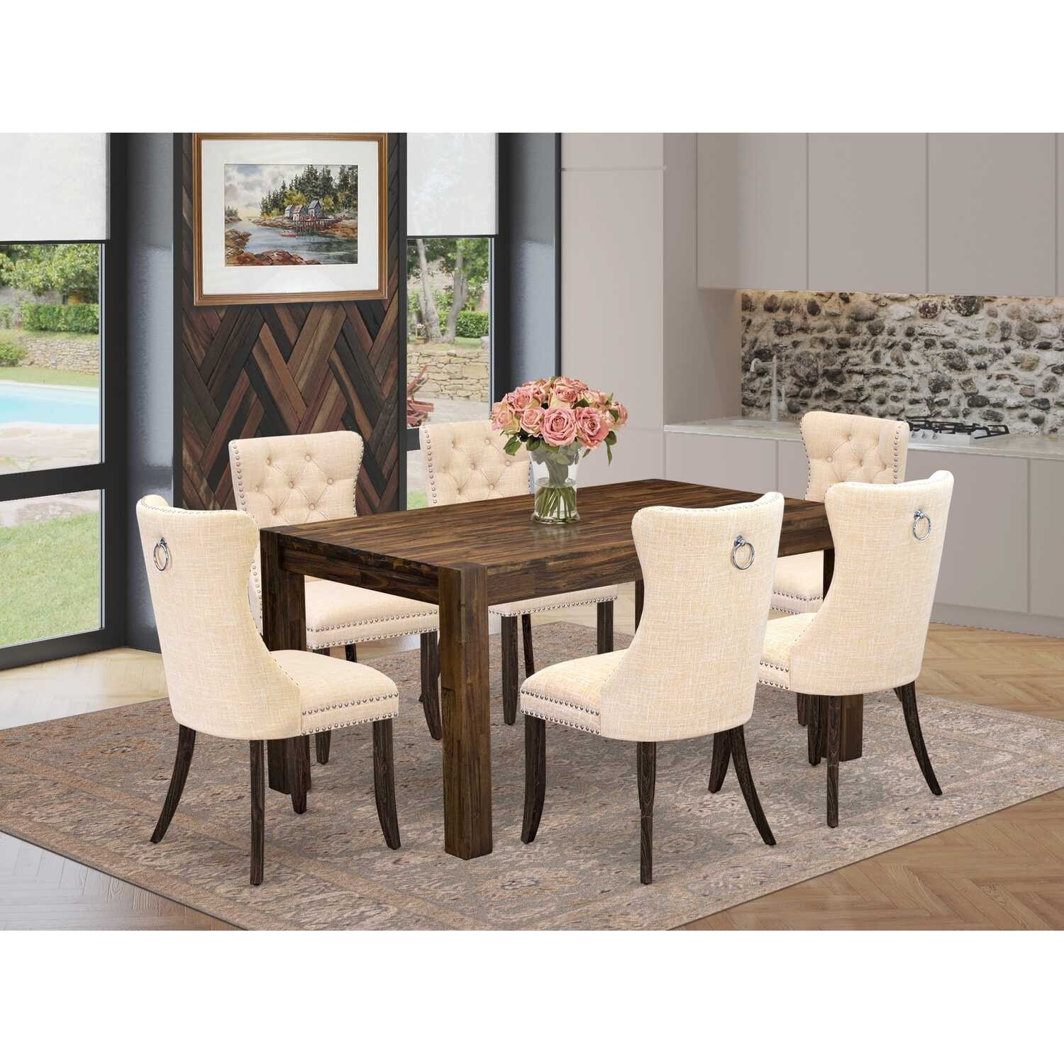 Rustic 7 Piece Dining Set - Wood Kitchen Table with 6 Padded Chairs