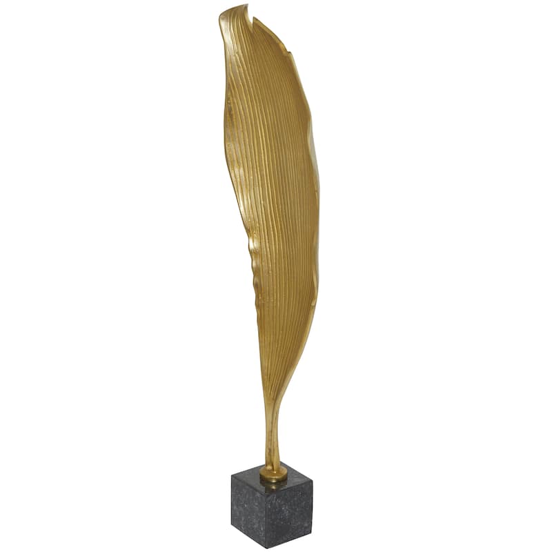 Gold Aluminum Metal Textured Leaf Abstract Sculpture with Black Marble Base