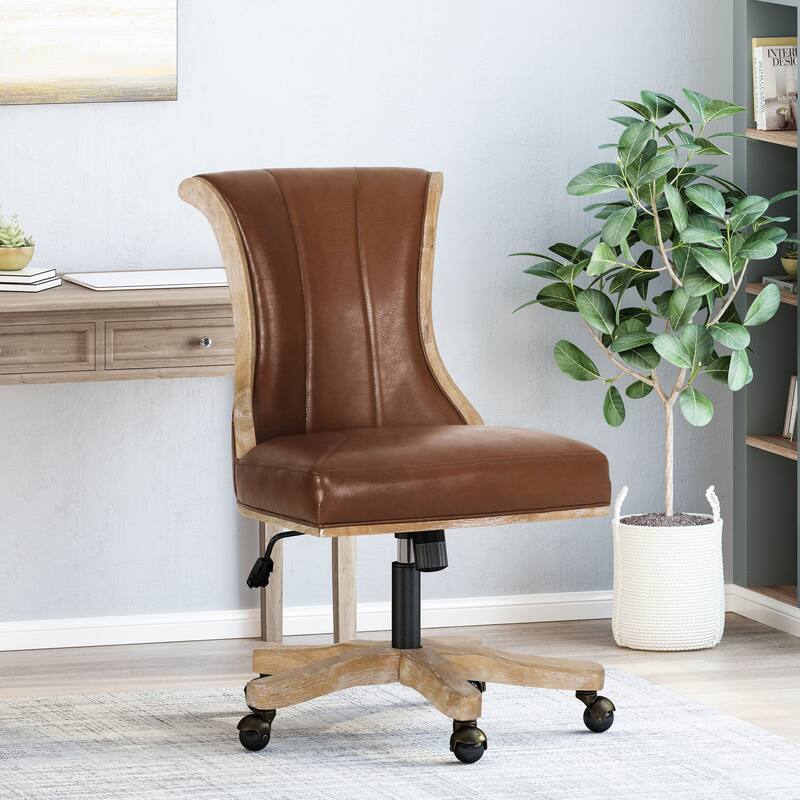 Roomfitters Upholstered Swivel Office Desk Chair with Adjustable Height and Wood Frame - Natural