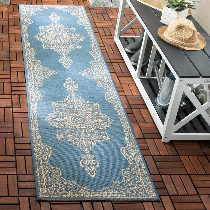SAFAVIEH Beach House Zanfira Indoor/ Outdoor Waterproof Patio Backyard Rug - 2'2" x 12' Runner - Cream/Blue