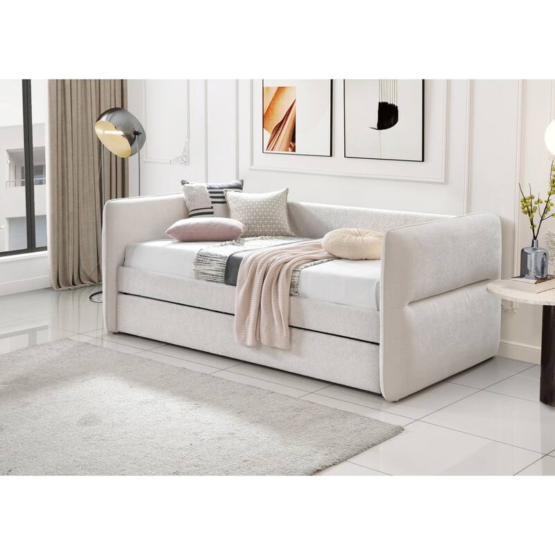Luxurious 1pc Modern Daybed Pull Out Trundle Button Tufted Nailhead Trim Bedroom Living Room Furniture Oatmeal Finish