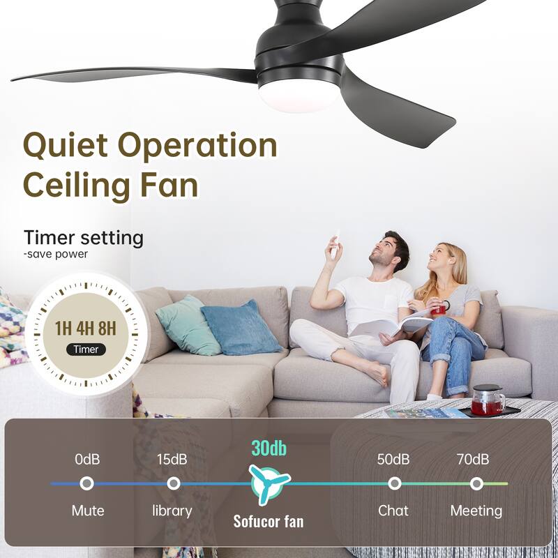 1 PC 52-Inch Fulsh Mount Ceiling Fan With Light,18W LED Dimmable Light With Memory Function,DC Motor,1/4/8H Timer Setting