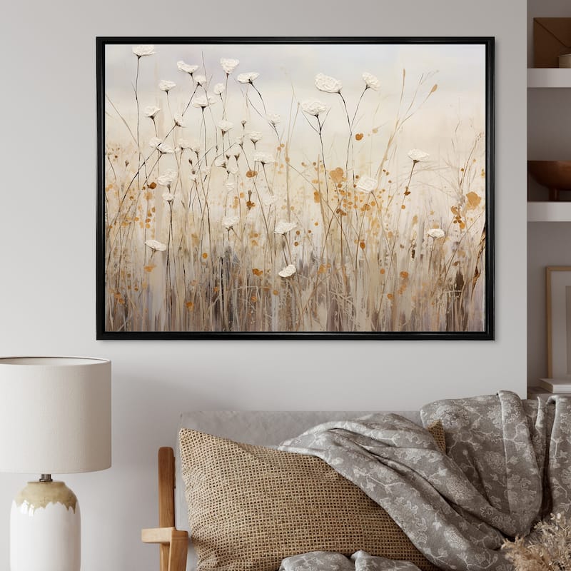 Designart "Beige Wildflowers Floral Fantasy" Wildflowers Framed Wall Art Living Room - 32 in. wide x 24 in. high - Black
