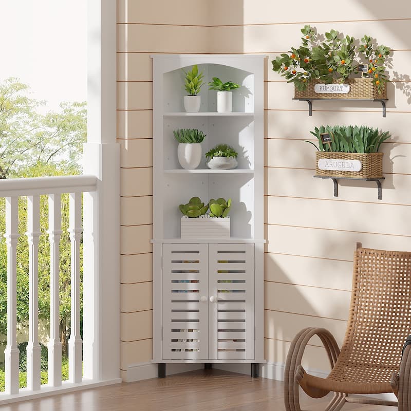 VECELO 68.5" Tall Triangle Corner Bookcase with Adjustable Open Shelves Magnetic Shutter Doors Storage Cabinet for Living Room